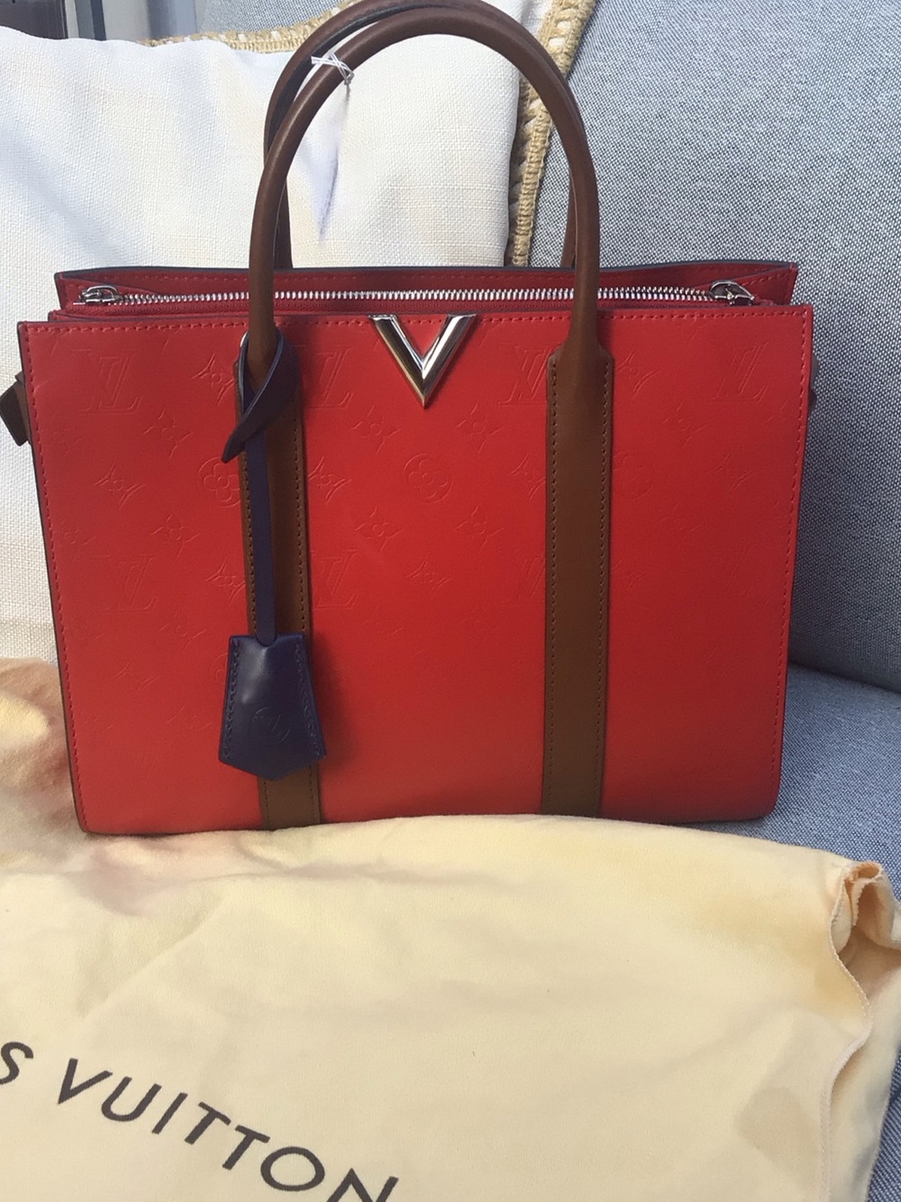 Louis Vuitton Red and Brown Leather Satchel with Navy Tag - Picture 1 of 7